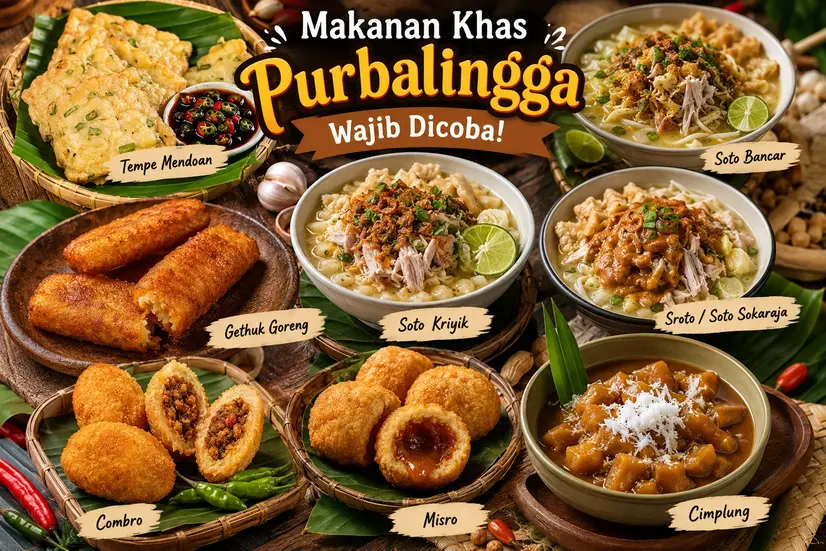 Kolase makanan khas Purbalingga yang terdiri dari tempe mendoan, soto khas Purbalingga, gethuk goreng, combro, misro, dan cimplung yang disajikan secara menarik di atas meja bernuansa tradisional.