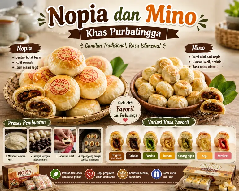 Infografis Nopia dan Mino khas Purbalingga yang menampilkan bentuk camilan, proses pembuatan tradisional, serta berbagai varian rasa favorit seperti cokelat, pandan, durian, kacang hijau, keju, dan stroberi.