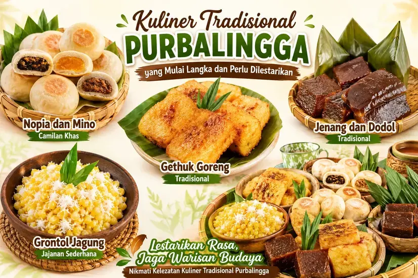 Aneka kuliner tradisional Purbalingga seperti nopia, mino, gethuk goreng, jenang, dodol, dan grontol jagung yang mulai langka.